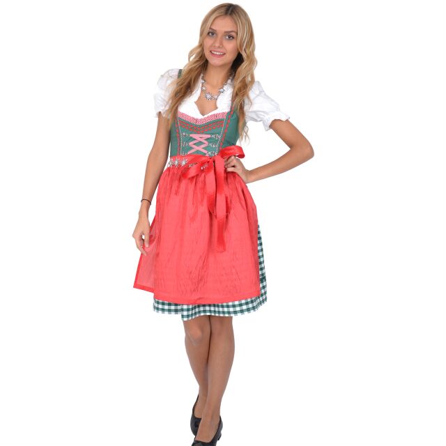 Dirndl Set Trachtenkleid 385GT Tannengrün Rot Gr 34 36 38 40 42