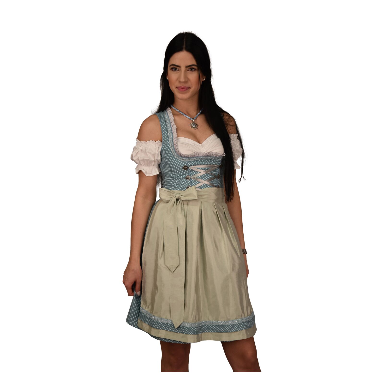 Dirndl Set 3-teilig Blau-weiß Kariert - Trachtenkleid Mit Bluse Und Schürze