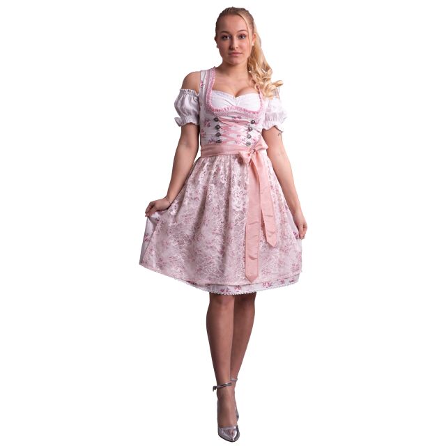 Dirndl Set Trachtenkleid 534GT Cremeweiß mit Rosa geblümt